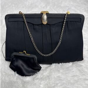 Vintage 50's After Five Black Satin Evening Bag w/ Rhinestone Clasp & Coin Purse